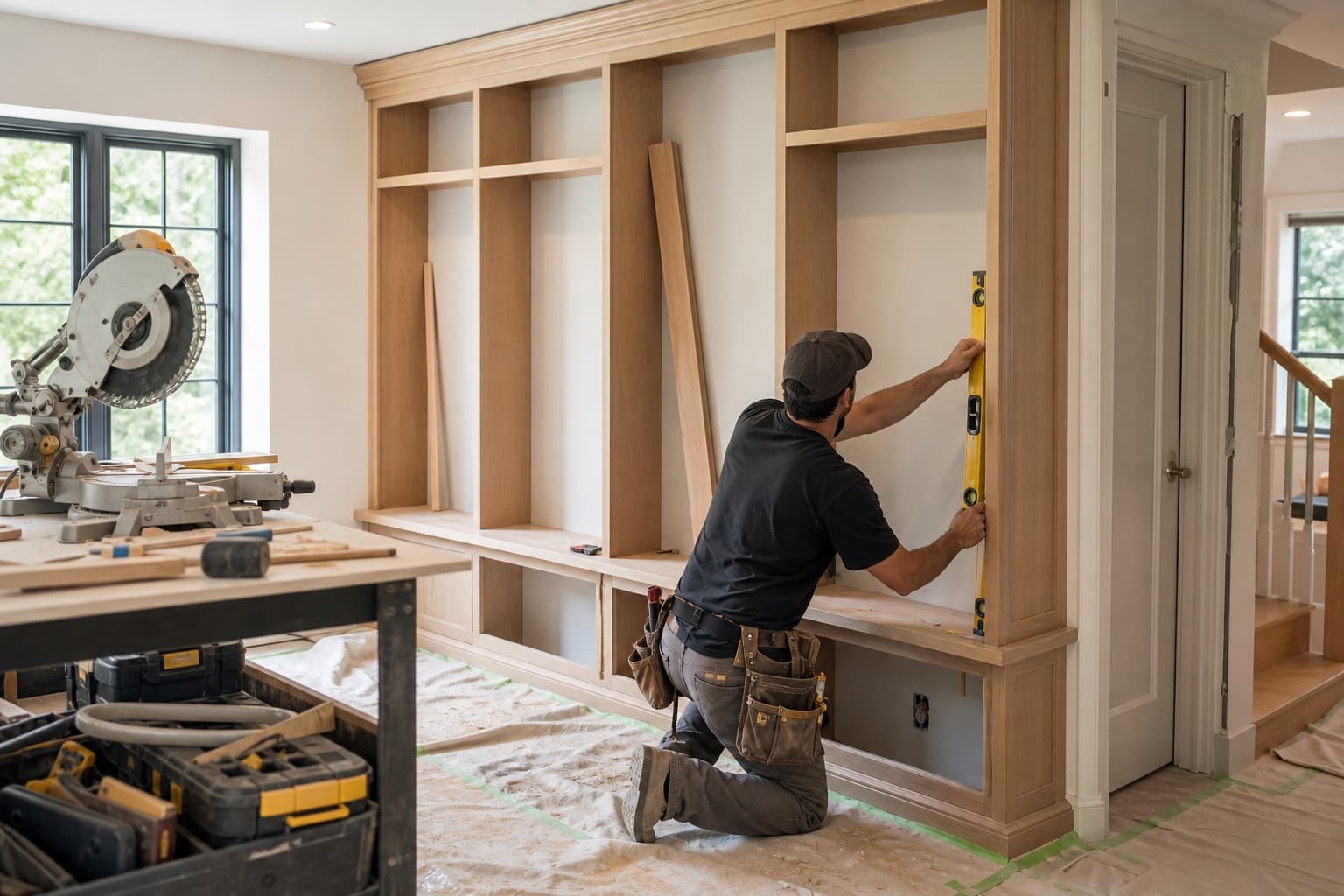 Carpenter installing custom built-ins during a representative home renovation
